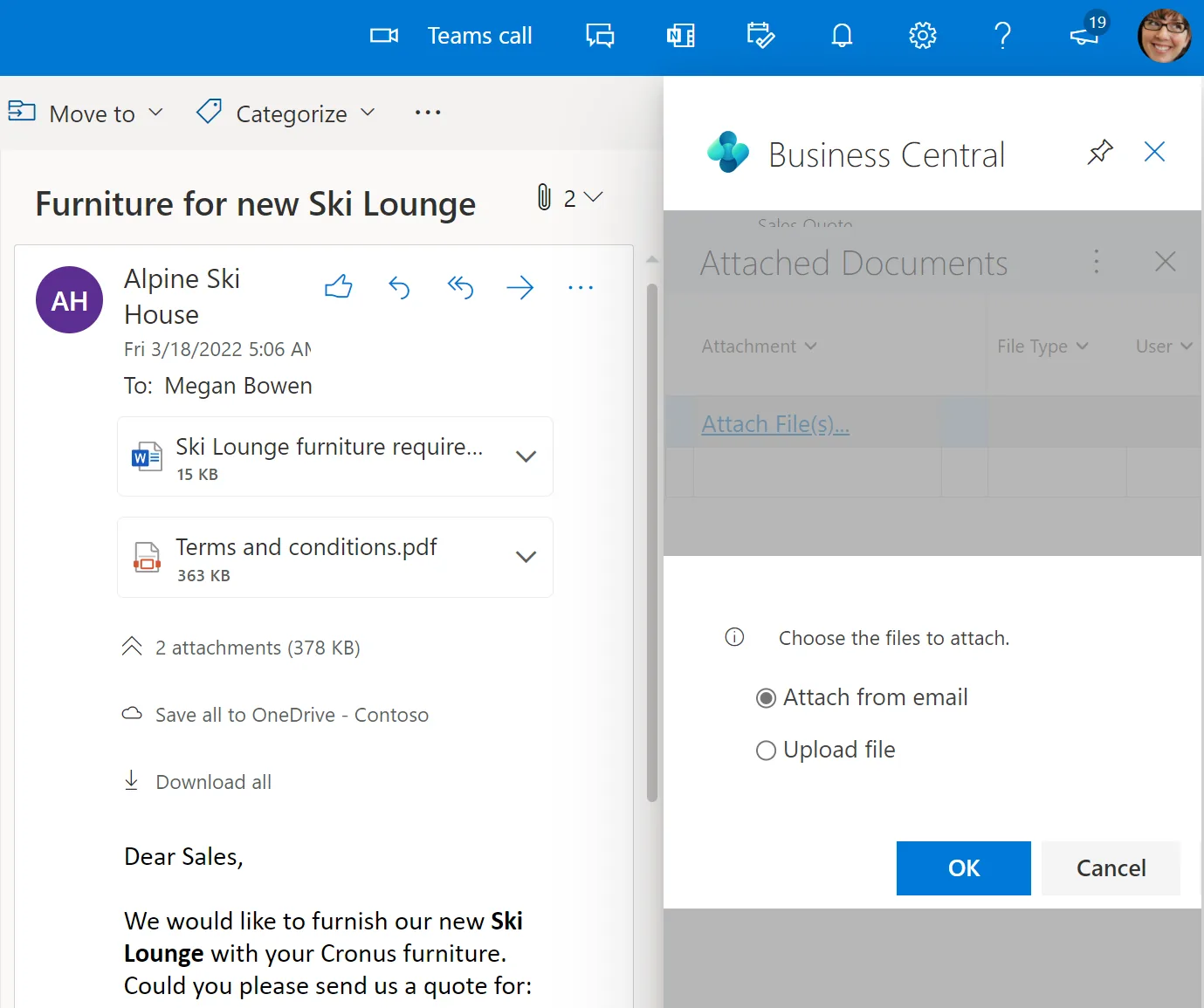 Business Central in Outlook - attaching email files to documents - Dynamics 365 Customization UAE