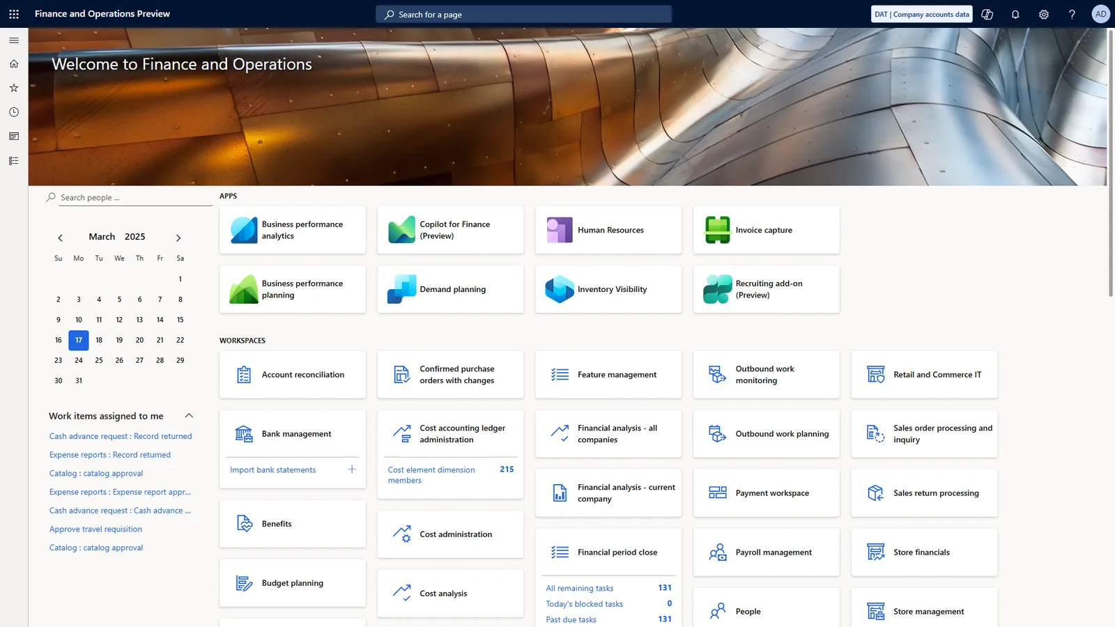 Dynamics 365 Finance and Operations dashboard with workspaces - ERP for Dental Clinics UAE