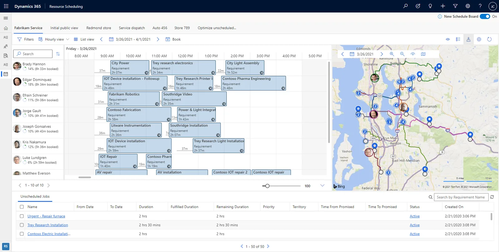 Dynamics 365 Field Service schedule board with map - Field Service Management Software UAE