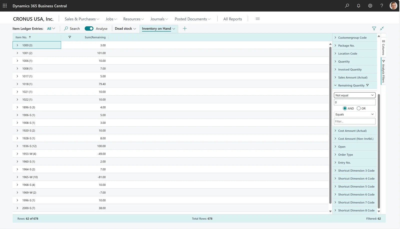 Business Central item ledger entries - inventory on hand analysis - Dynamics 365 Supply Chain UAE