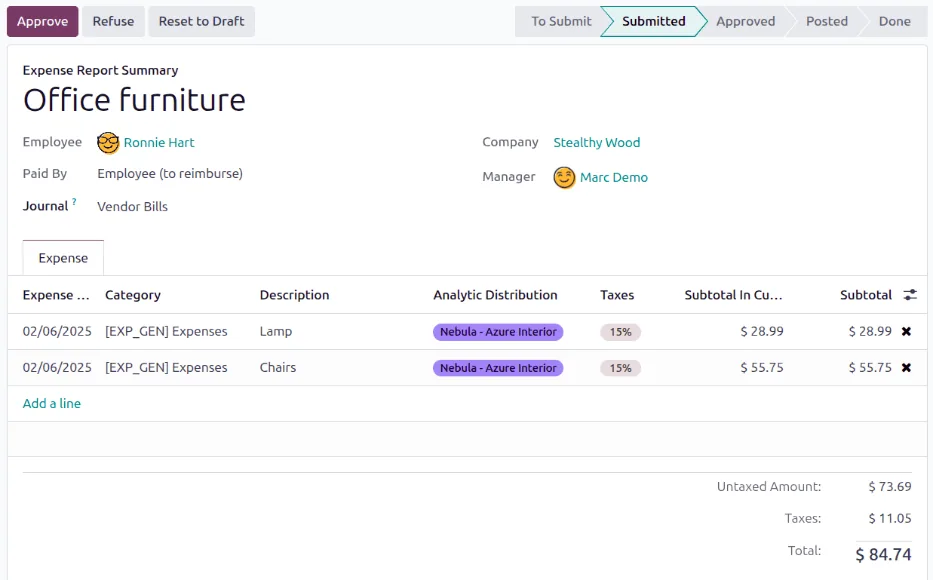 Odoo Expenses report awaiting manager approval - ERP Software for SMEs UAE