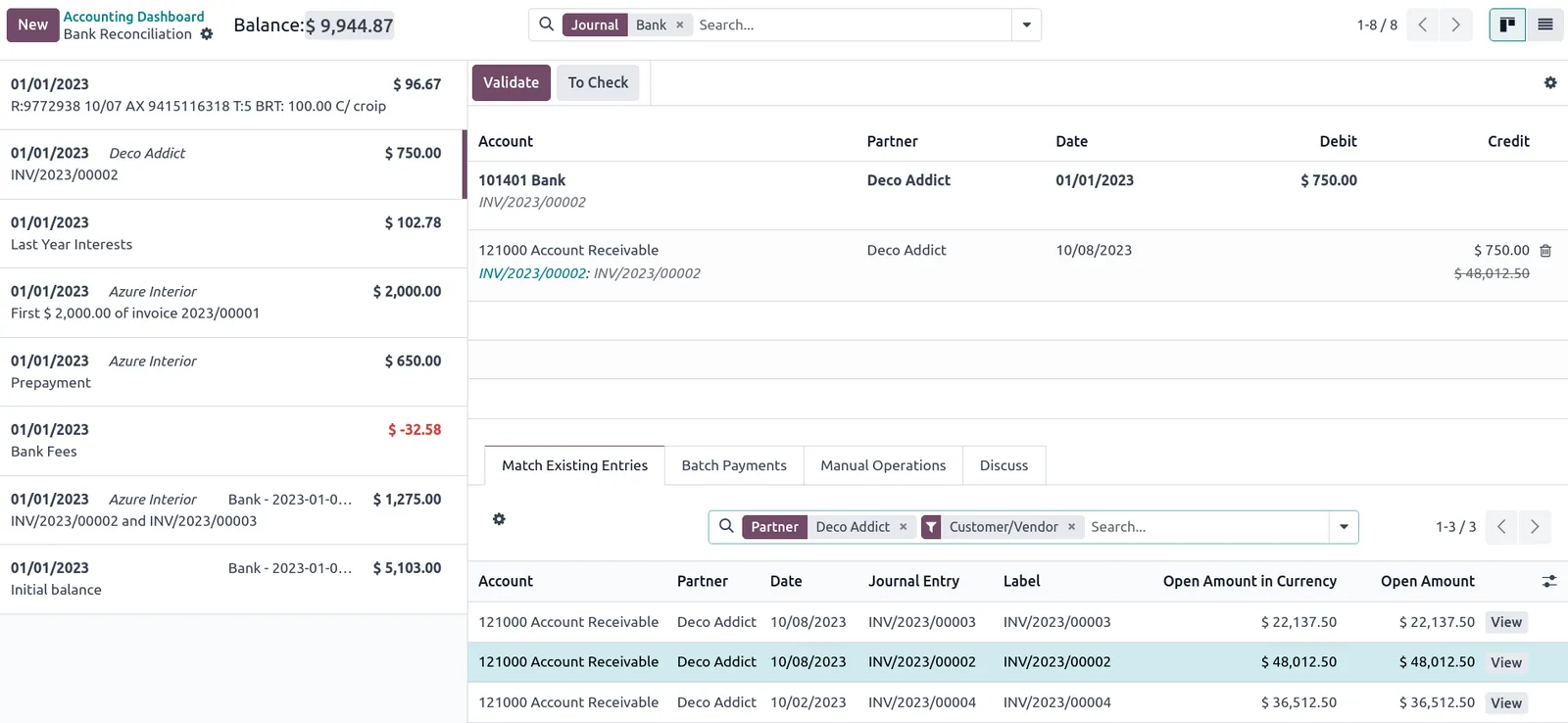 Odoo Accounting bank reconciliation interface with statement lines and matching entries - Odoo Accounting UAE