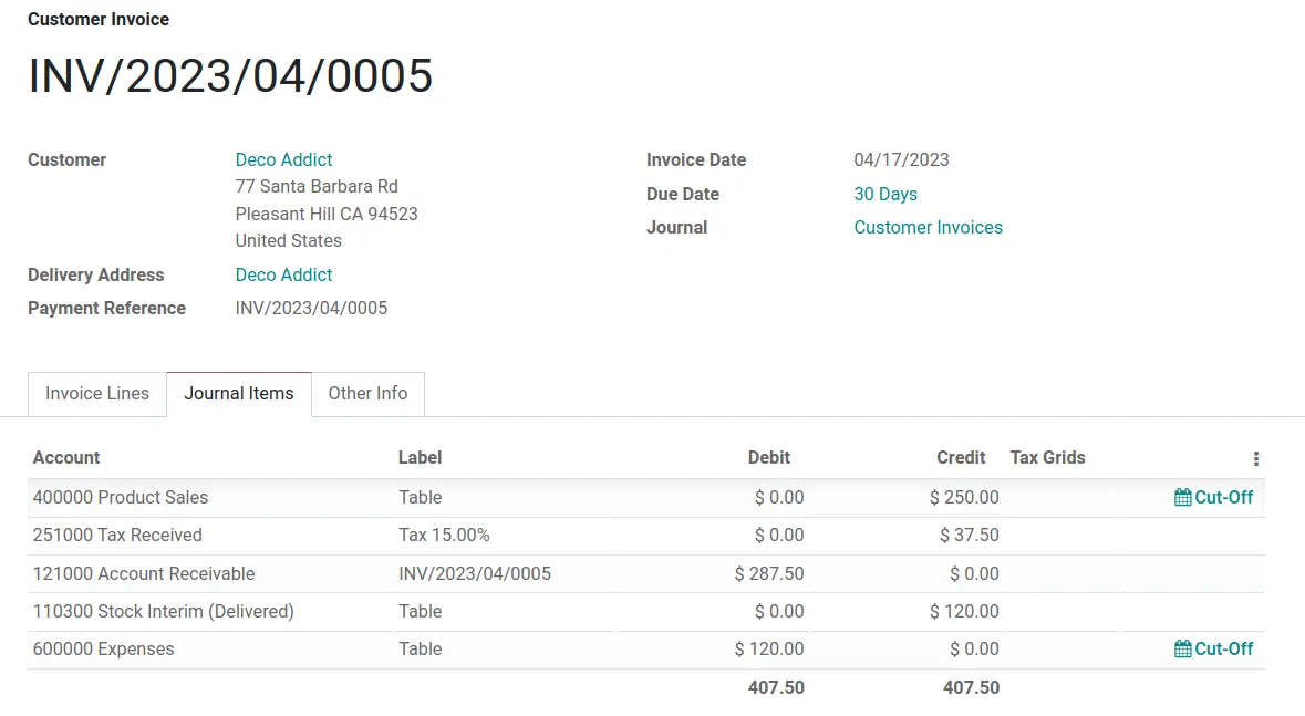 Odoo customer invoice with journal items and tax lines - Odoo for Healthcare UAE