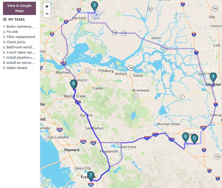 Odoo Field Service map view of on-site tasks with technician route - Odoo for Facility Management UAE