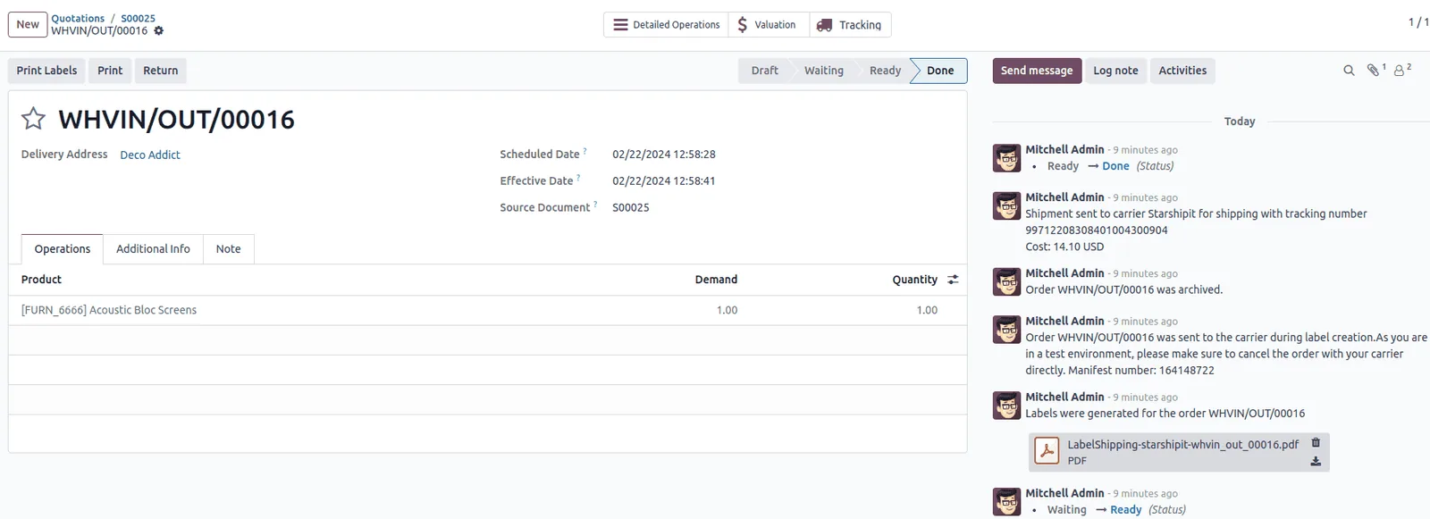 Odoo Inventory delivery order with shipping carrier tracking in the chatter - ERP for Freight Forwarding UAE