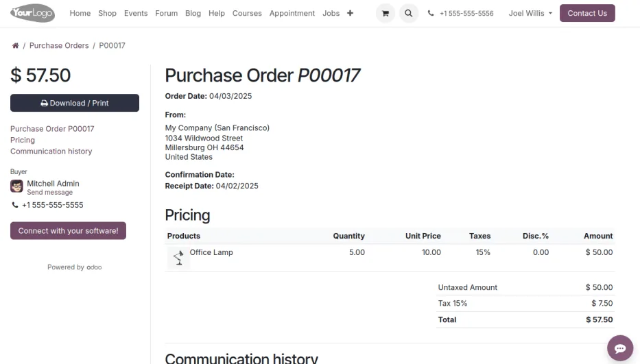 Odoo Purchase order shown in the vendor portal - ERP for Supermarkets UAE