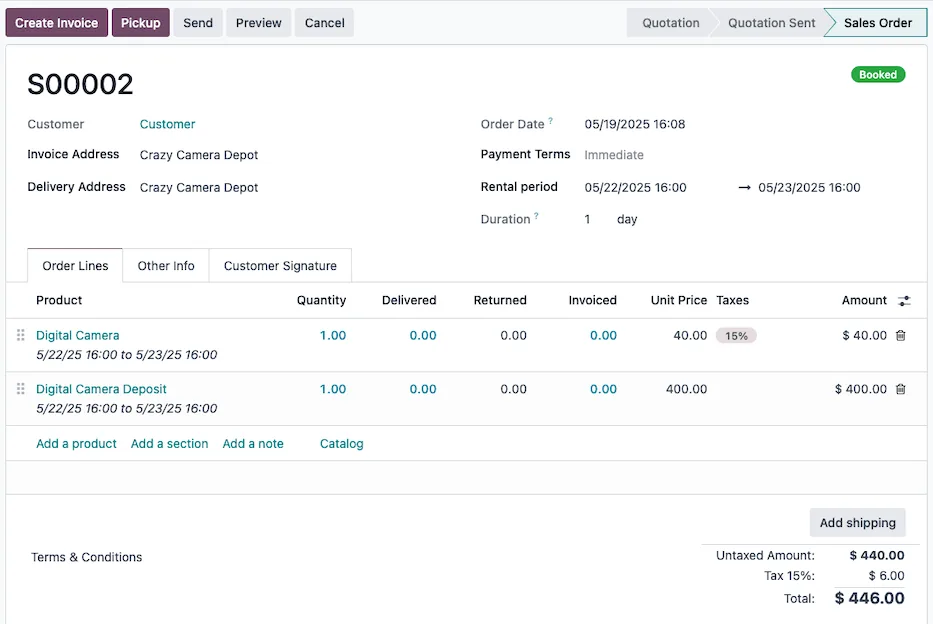 Odoo Rental order with rental period, products and deposit - ERP for Equipment Rental Companies UAE