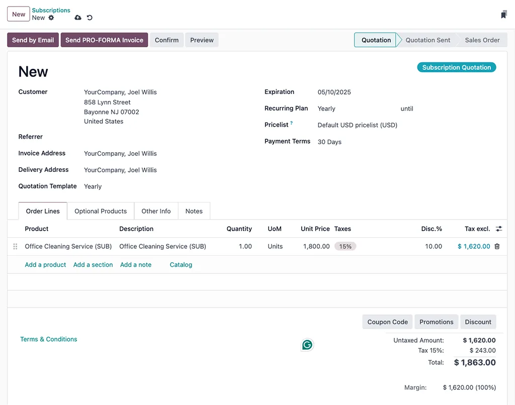Odoo Subscriptions quotation with yearly recurring plan - Subscription Management Software UAE