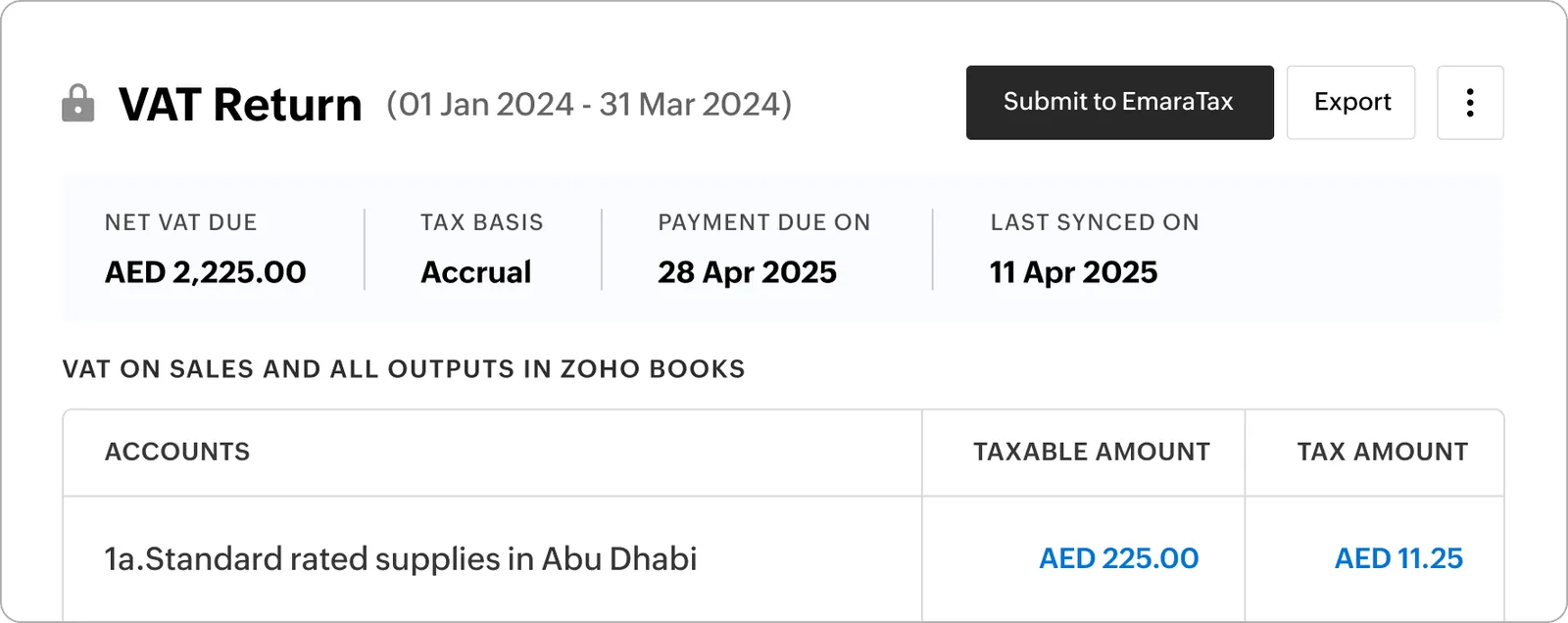 Zoho Books UAE VAT return ready to submit to EmaraTax - Sage to Zoho Migration UAE