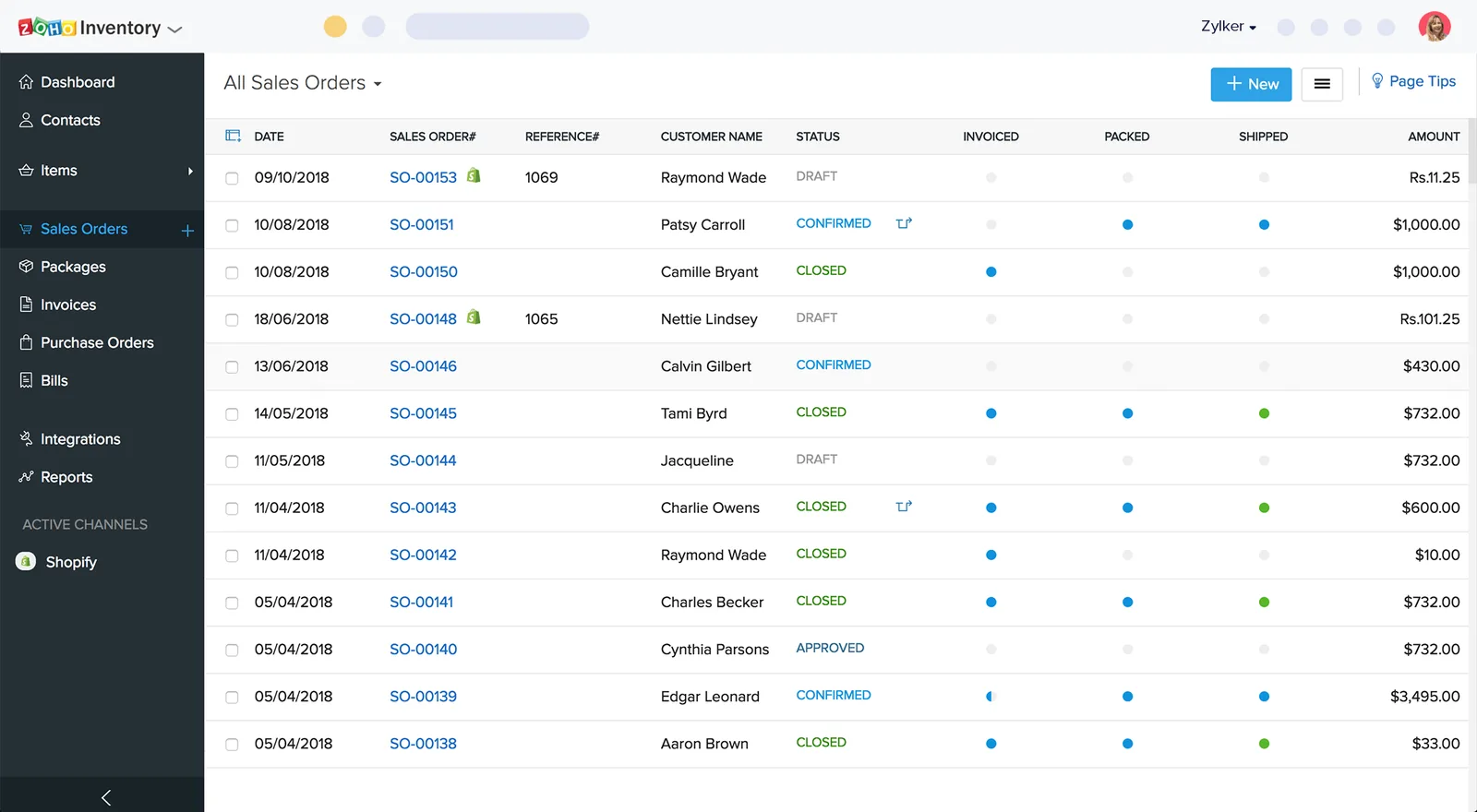 Zoho Inventory sales orders list with fulfilment status - Zoho Inventory UAE